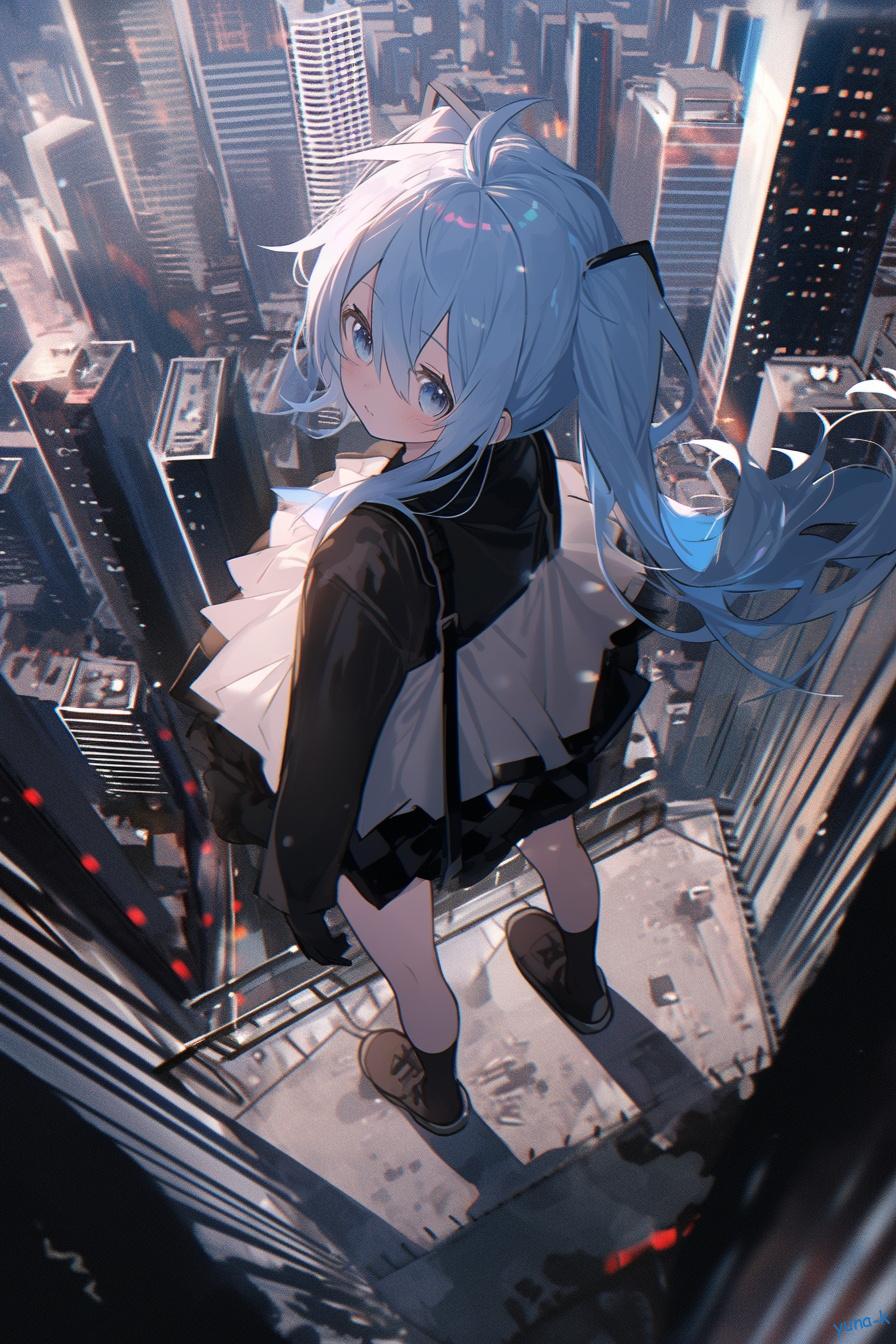 高層ビルの上に立つ少女