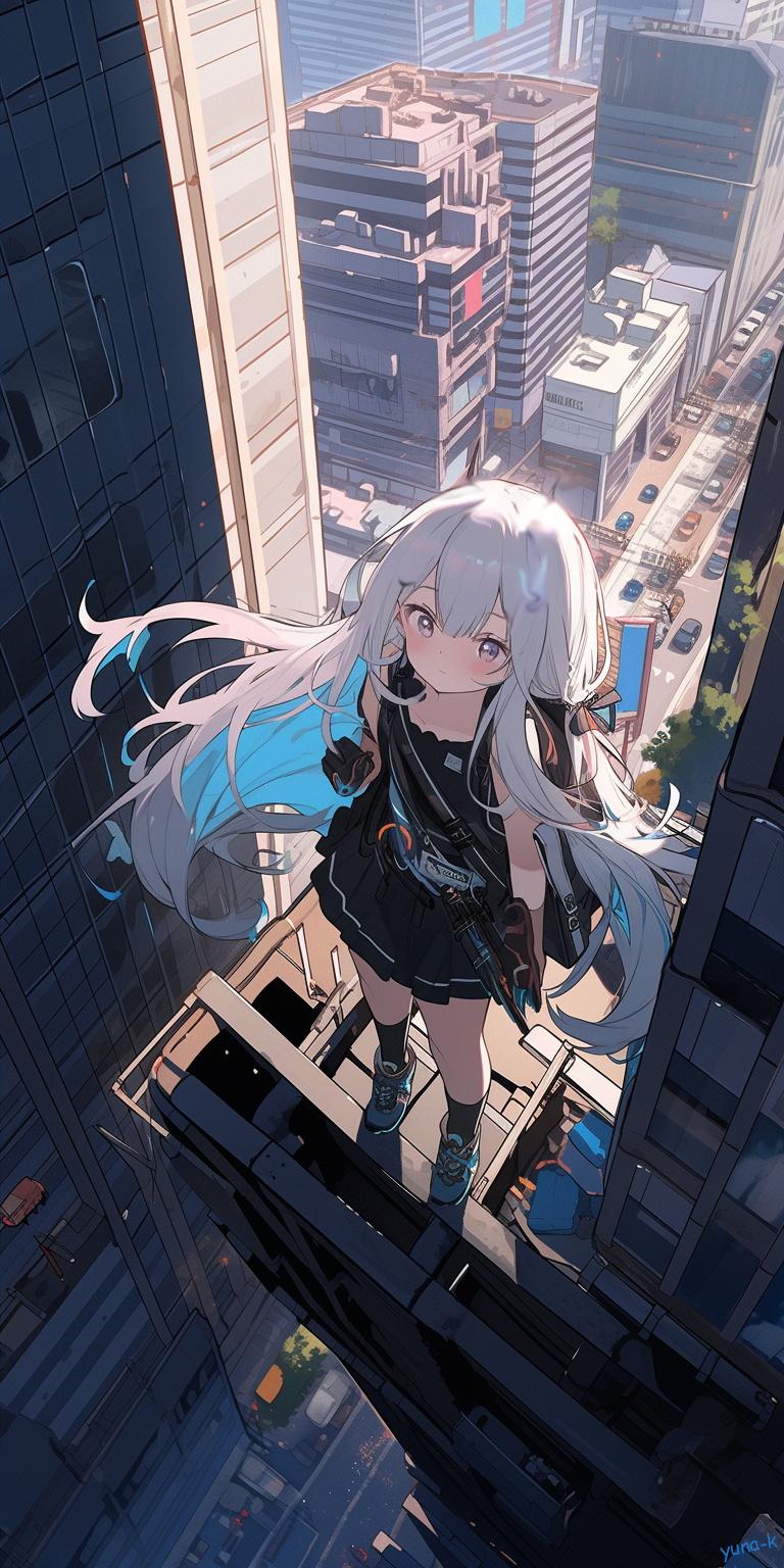 高層ビルの上に立つ少女