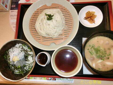 秋田無限堂 稲庭うどん 比内地鶏のつけ汁仕立て ＆ しらすの二色丼